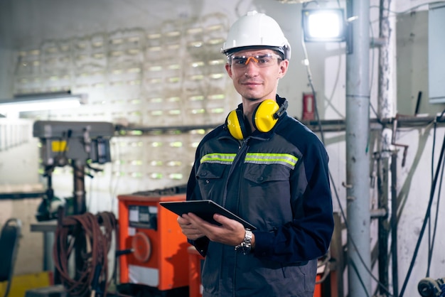 Jeune ouvrier d'usine utilisant un ordinateur tablette adepte dans un bâtiment d'atelier