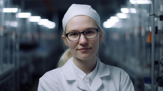 Une jeune ouvrière d'usine électronique suédoise souriante debout dans l'usine