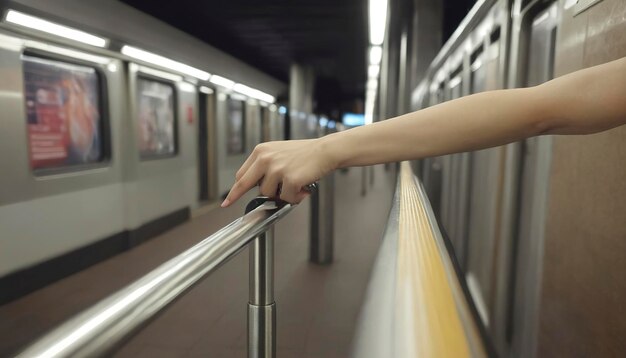 Une jeune passagère tient la rampe dans le métro.