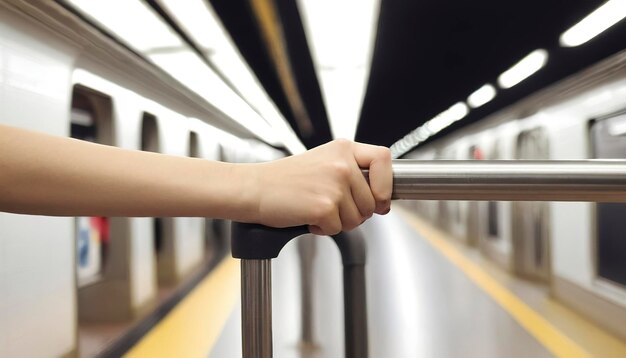 Une jeune passagère tient la rampe dans le métro.