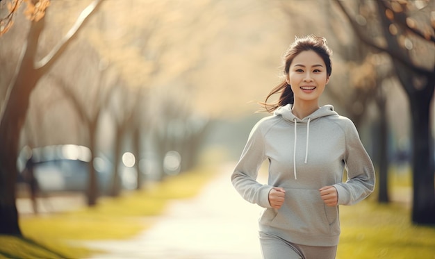 Jeune passionnée de fitness, femme asiatique faisant du jogging dans un parc serein, athlète féminine en capuche courant au milieu de la verdure, créée avec des outils d'intelligence artificielle générative.