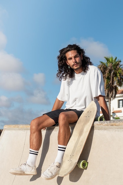 Jeune patineur italien caucasien assis au skate park Il a de longs cheveux noirs et il porte un