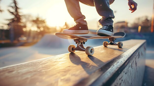 Photo un jeune patineur sur une planche à roulettes par une journée ensoleillée le patineur porte des vêtements décontractés et est entouré d'un paysage urbain