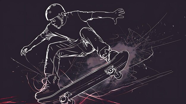 Photo jeune patineur sautant en l'air dessin en noir et blanc avec des accents rouges