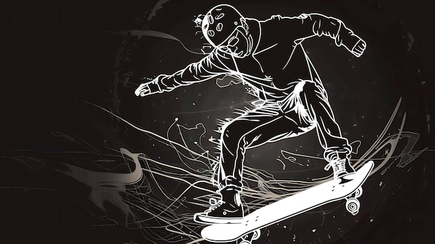 Photo jeune patineur sautant en l'air illustration vectorielle en noir et blanc