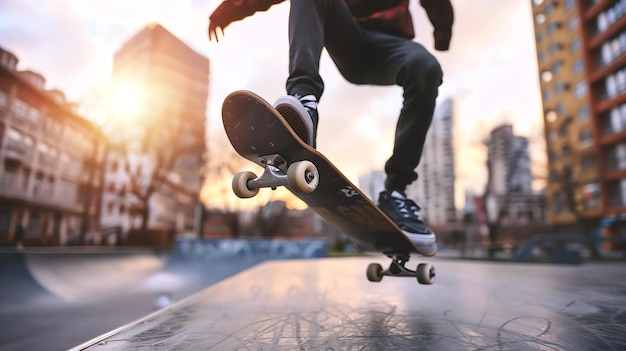 Photo un jeune patineur saute sur un obstacle dans un parc de patinage le soleil se couche en arrière-plan