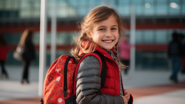 Photo jeune de pelo largo sonriente avec mochila en pasillo de institut avec fondo de taquillas rojas