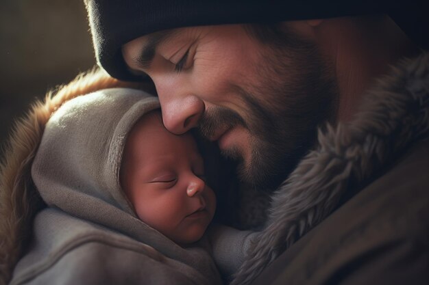 Le jeune père berce son nouveau-né dans ses bras