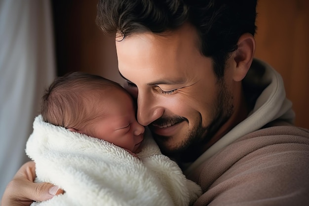 Le jeune père berce son nouveau-né dans ses bras