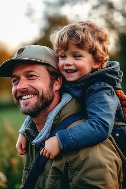 Photo un jeune père caucasien tient son fils sur ses épaules