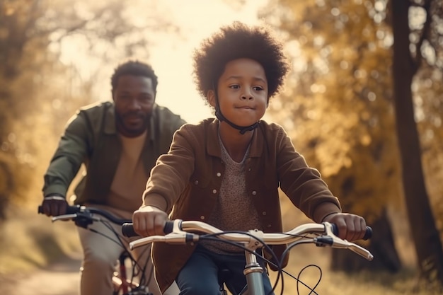 Jeune père avec son petit garçon faisant du vélo dans le parc Illustration de l'IA générative