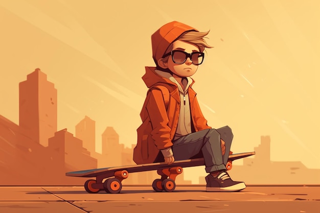 Jeune personnage de skateboarder sur un fond à deux tons