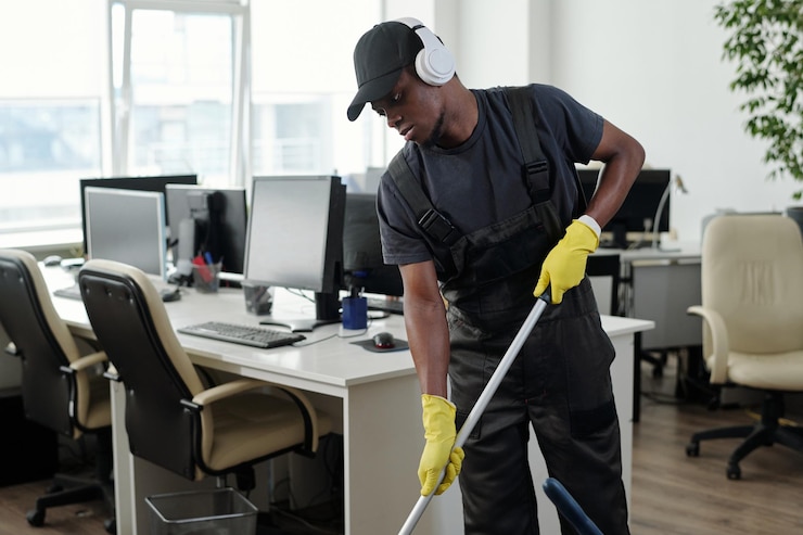 Photo jeune personnel masculin de l'entreprise de services de nettoyage dans les écouteurs pour laver le sol
