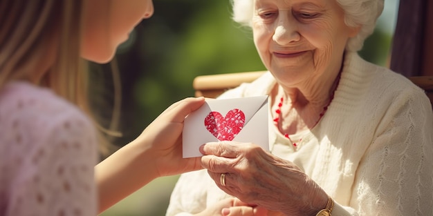 Un jeune petit-fils montre une carte postale faite à la main à sa grand-mère