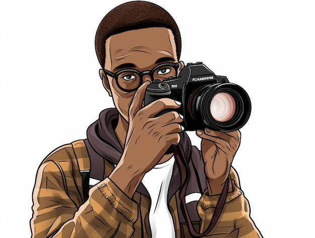 Jeune photographe africain prenant des photos avec un appareil photo professionnel isolé sur fond blanc