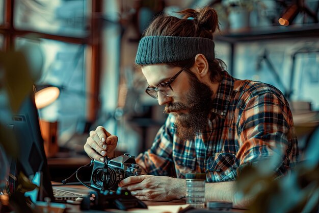 Photo jeune photographe barbu dans un studio et un espace de travail