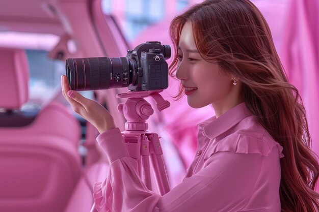 Photo une jeune photographe capture des moments à l'aide d'une caméra professionnelle dans un thème rose moderne