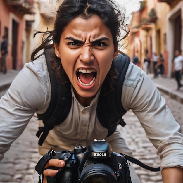 Un jeune photographe de voyage hispanique pose en criant très en colère et agressif.