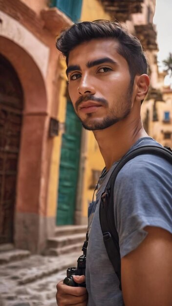 Un jeune photographe de voyage hispanique pose pour garder un secret ou demander le silence.