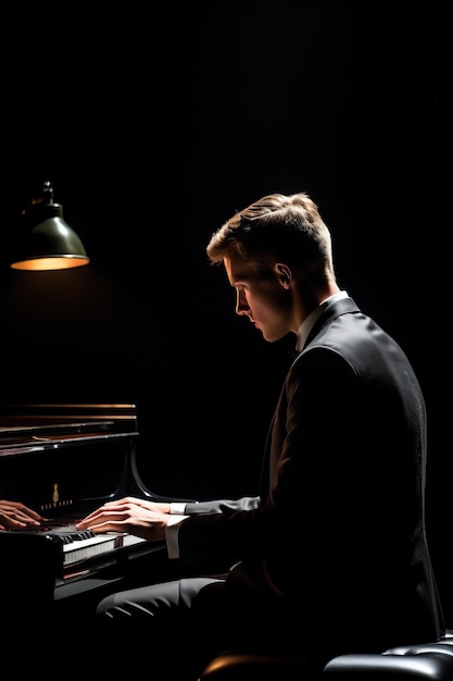 Un jeune pianiste joue du piano dans une pièce sombre.