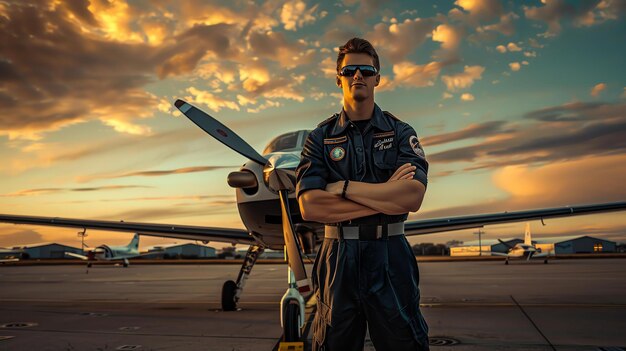 Un jeune pilote en combinaison de pilotage se tient confiant devant un petit avion à hélice. Il porte des lunettes de soleil et a les bras croisés.