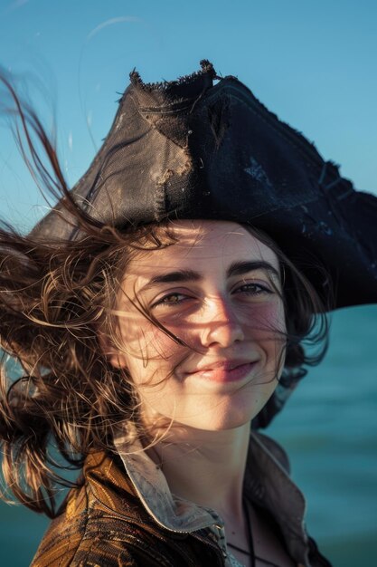 Une jeune pirate souriante dans un chapeau sur un fond océanique avec des cheveux balayés par le vent