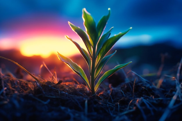 Une jeune plante atteint le ciel avec un effet abstrait vert et bleu saisissant en arrière-plan qui symbolise le début d'un nouveau voyage