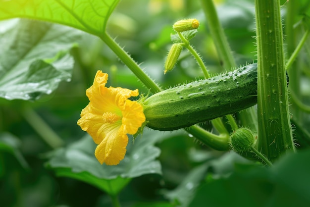 jeune plante de concombre avec des fleurs jaunes concombre juteuse fraîche gros plan macro