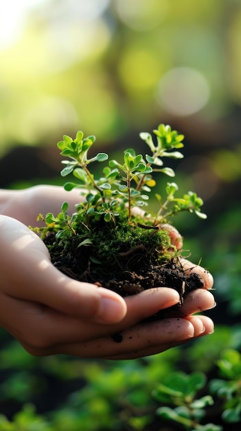 jeune plante dans les mains sur fond vert printemps concept d'écologie