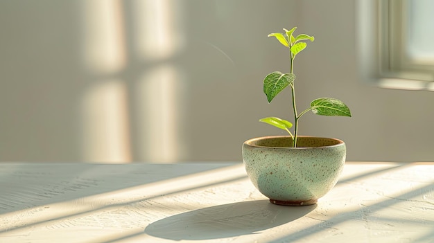 Photo une jeune plante dans un pot tacheté avec des ombres douces