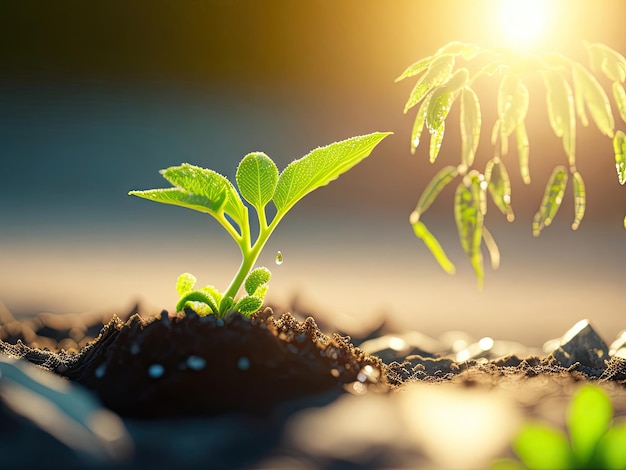 Jeune plante avec une goutte d'eau au soleil générative par IA