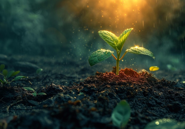 Une jeune plante à la lumière du matin sur un fond naturel