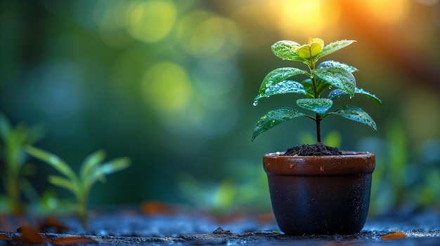 Jeune plante en pot en terre cuite à l'aube avec des gouttes de rosée