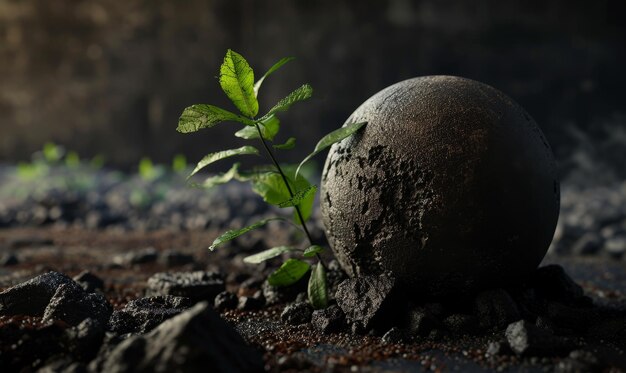 Une jeune plante poussant à côté d'une pierre sur un sol fertile