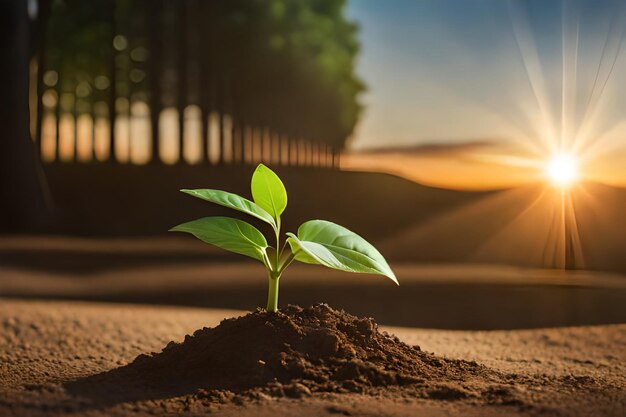 Photo une jeune plante poussant dans le sol au coucher du soleil.