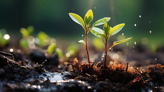 jeune plante poussant dans le sol sur un fond flou avec de l'espace pour le texte