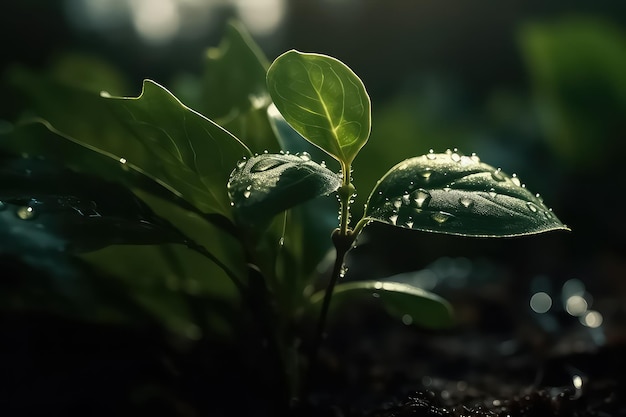 Jeune plante poussant le matin et fond de bokeh de nature verte AI