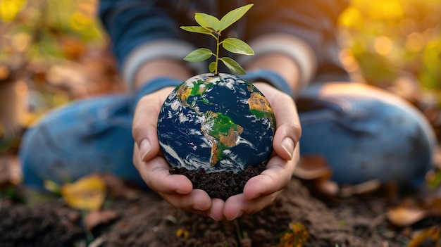 Photo une jeune plante pousse du monde dans les mains