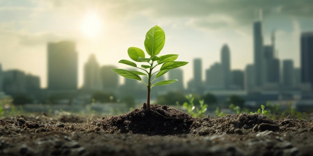 Une jeune plante pousse du sol devant les toits de la ville