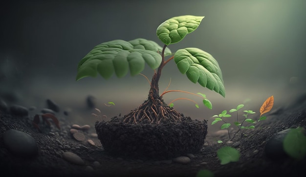 Une jeune plante pousse à partir du sol IA générative