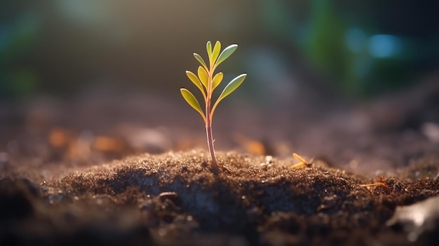 Une jeune plante pousse sur le sol et embrasse le style du lever du soleil de la nouvelle vie de la nature