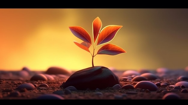 Une jeune plante pousse sur le sol et embrasse le style du lever du soleil de la nouvelle vie de la nature