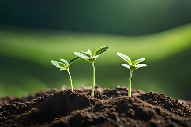 Une jeune plante qui pousse dans un sol avec le soleil derrière elle.