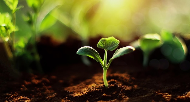 jeune plante ou semis vert sur le sol du potager