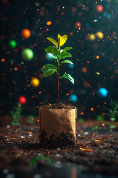 Photo une jeune plante verte dans un écopot sur le fond de ballons festifs une graine germinante dans un pot en papier kraft