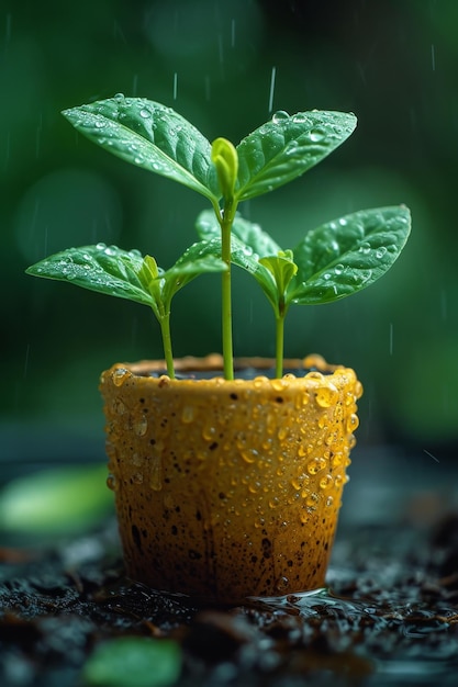 Une jeune plante verte dans un pot de fleurs germant des graines dans un verre