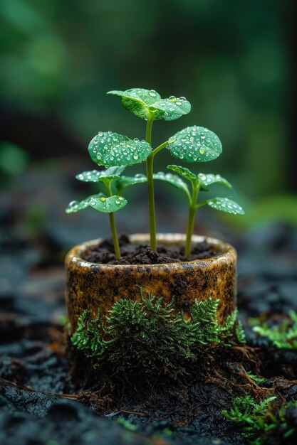 Une jeune plante verte dans un pot de fleurs germant des graines dans un verre