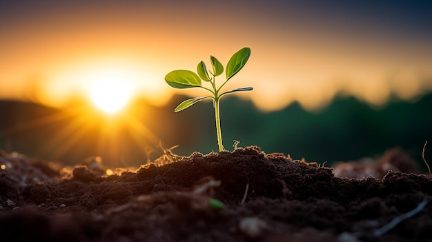 jeune plante verte avec du sol au soleil