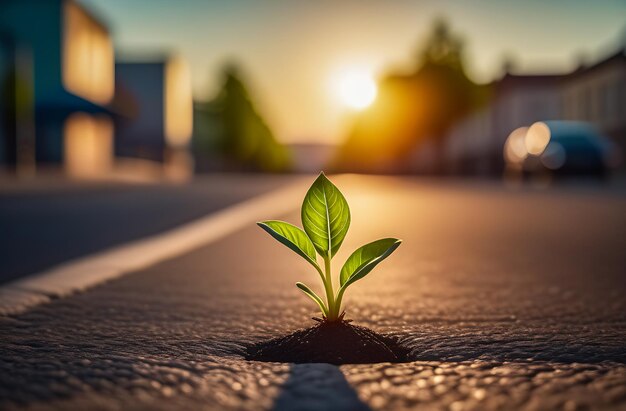 Photo une jeune plante verte a germé à travers l'asphalte la lumière du coucher du soleil sur les rues de la ville