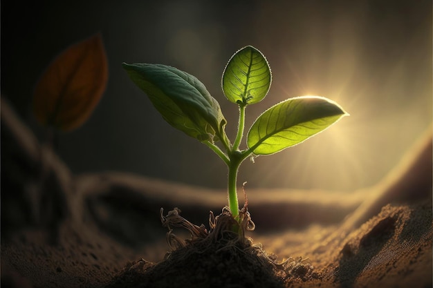 Jeune plante verte en pleine croissance au stade de germination de la nature sous la lumière du soleil le matin